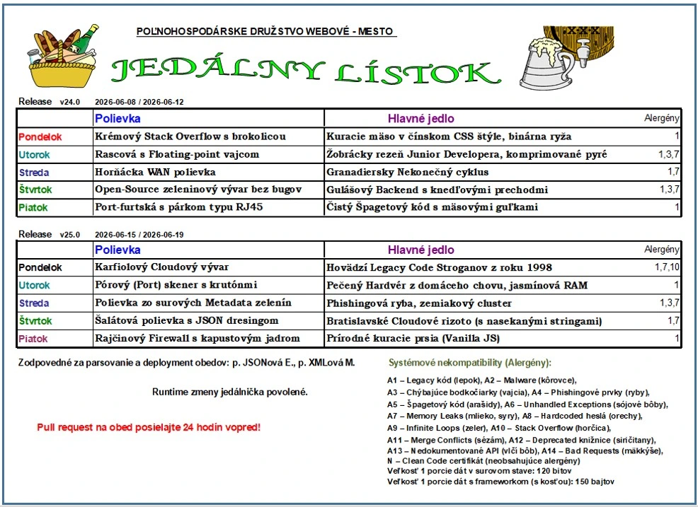 Aktuálny jedálny lístok PD Webové-Mesto